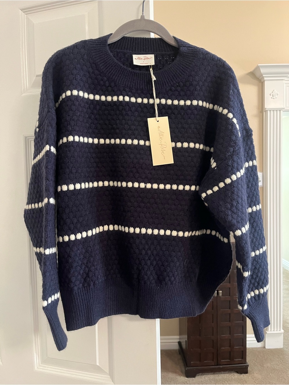 Allie Rose Navy Crewneck Sweater with White Stripe Detail